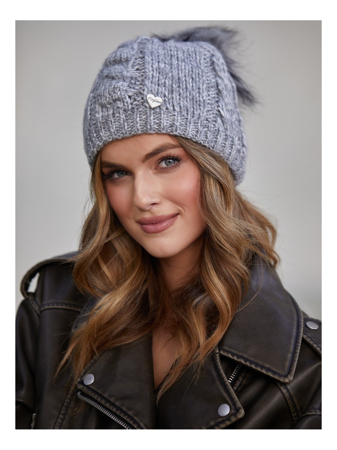 Winter hat with a pompom, dark gray C39 - Online store - Boutique